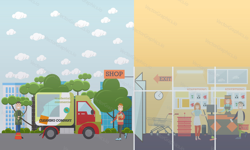Professional cleaning services vector illustration. Cleaning specialists engaged in shop area cleaning. Cleaning business advertising concept. Flat style design.