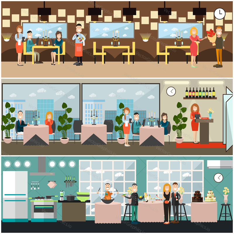 Vector restaurant interior set with receptionist, visitors having dinner, waiter and waitress taking order and serving meals. Flat style design illustration.