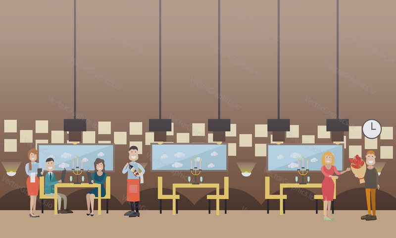 Vector illustration of happy loving couples having dinner at restaurant, waiter serving wine and waitress taking order. Romantic date concept flat style design elements.