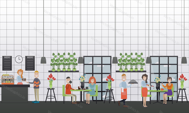 Vector illustration of people having dinner at cafe, buying coffee to go, waiter and waitress serving meals and wine. Flat style design.