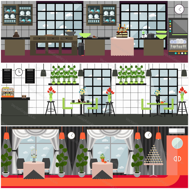 Vector restaurant and cafe interior set with kitchen, banquet hall with furniture and decorations. Flat style design illustration.