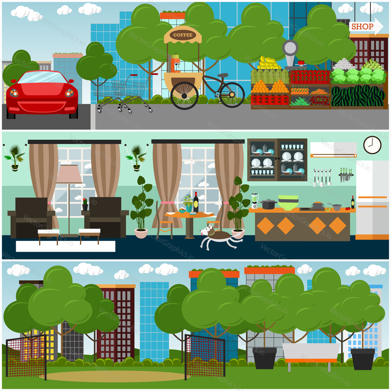 Family interior vector poster set with living room, kitchen with furniture, sports ground and city street. Flat style design elements.
