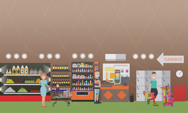 Векторная иллюстрация интерьера продуктового магазина с женщиной-кассиром и матерью покупателей со своим ребенком и мужчиной, оплачивающим покупки кредитной картой. Концепция людей, совершающих покупки. Дизайн в плоском стиле.