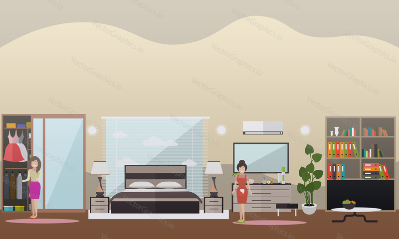 Vector illustration of women housewives taking care of household chores, bedroom interior. House cleaning concept flat style design elements.