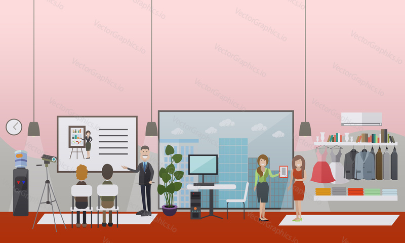 Vektorová ilustrace podnikatelů, kteří prezentují, obdrží certifikát po absolvování workshopu nebo semináře. Interiér kanceláře. Koncept kancelářského života, design plochého stylu.