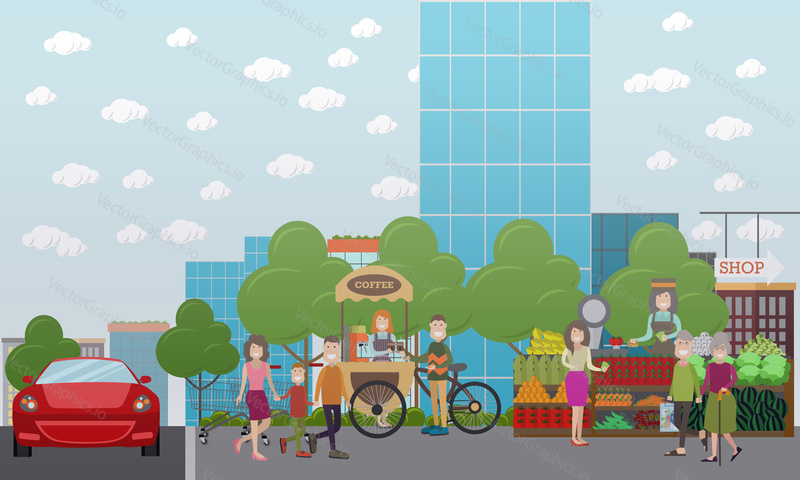 Vector illustration of family characters walking together in the street. Elderly couple, father, mother and their son holding hands. Flat style design.