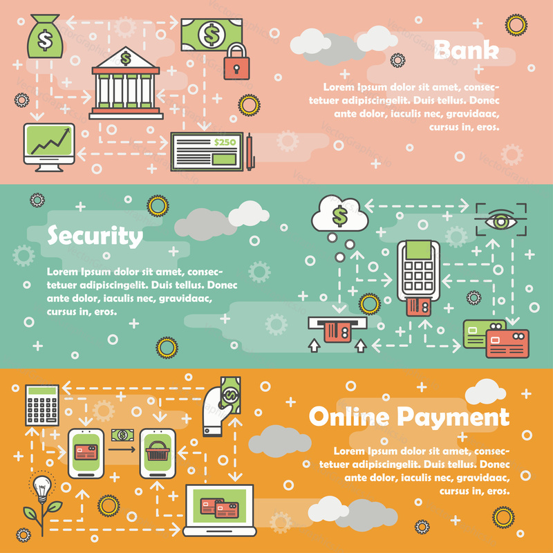 Vector set of horizontal banners with Bank, Security and Online payment line art flat style design elements, web templates.