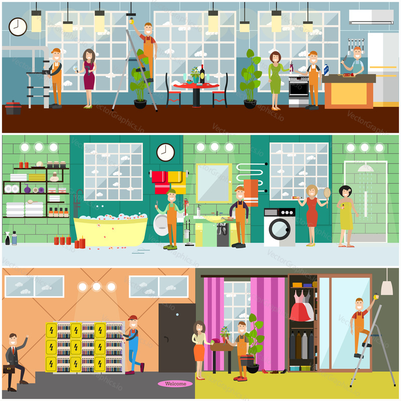 Vector set of posters, banners with electrical, plumbing and gas appliance repair services concept flat style design elements.
