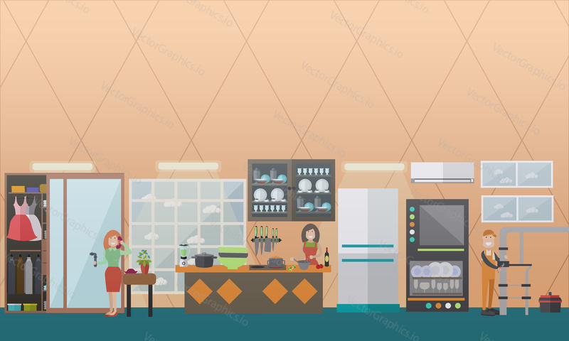 Vector illustration of pipe fitter or plumber fixing leaking water pipes with pipe wrench, woman with broken pipe calling to emergency service. Plumbing service concept flat style design elements.
