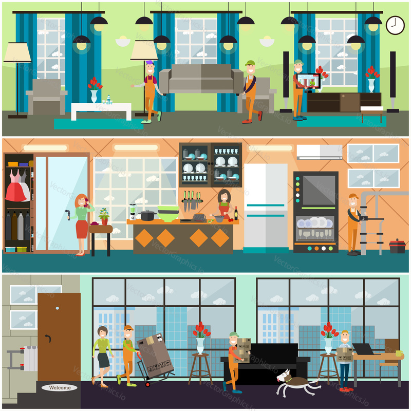 Vector set of posters, banners with loaders carrying sofa, tv, pushing cart with fridge, plumber fixing leaking water pipes. Plumbing, moving or delivery company services flat style design elements.