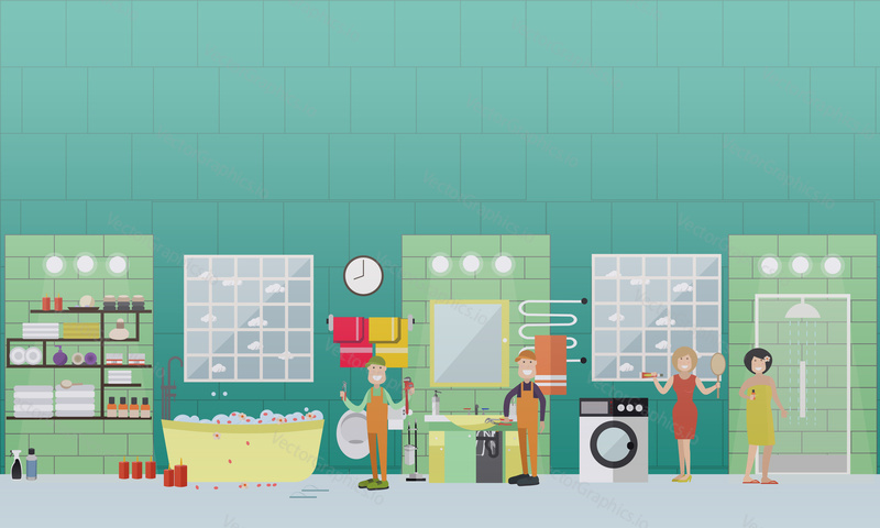 Vector illustration of plumbers repairing washbasin in bathroom. Residential plumbing and drain cleaning services concept flat style design elements.