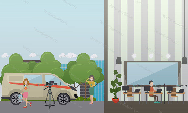 Vector illustration of radio broadcast journalist female in headphones holding microphone, radio dj male in headphones working in front of microphone and computer at radio studio. Flat style design.