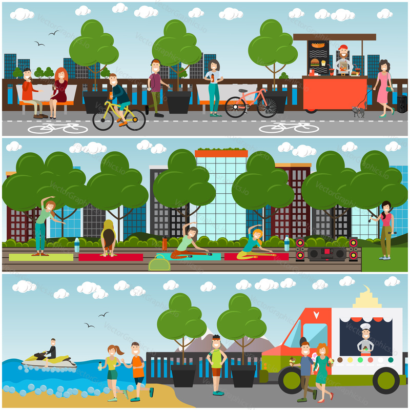 Vector set of outdoor workout concept posters, banners with people jogging, riding bicycle along city embankment, women doing physical exercises in park. Flat style design.