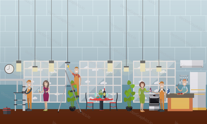 Vektorová ilustrace žen, které se setkávají s domácími elektrickými, instalatérskými a plynovými spotřebiči a odbornými pracovníky, kteří je opravují. Plochý design.