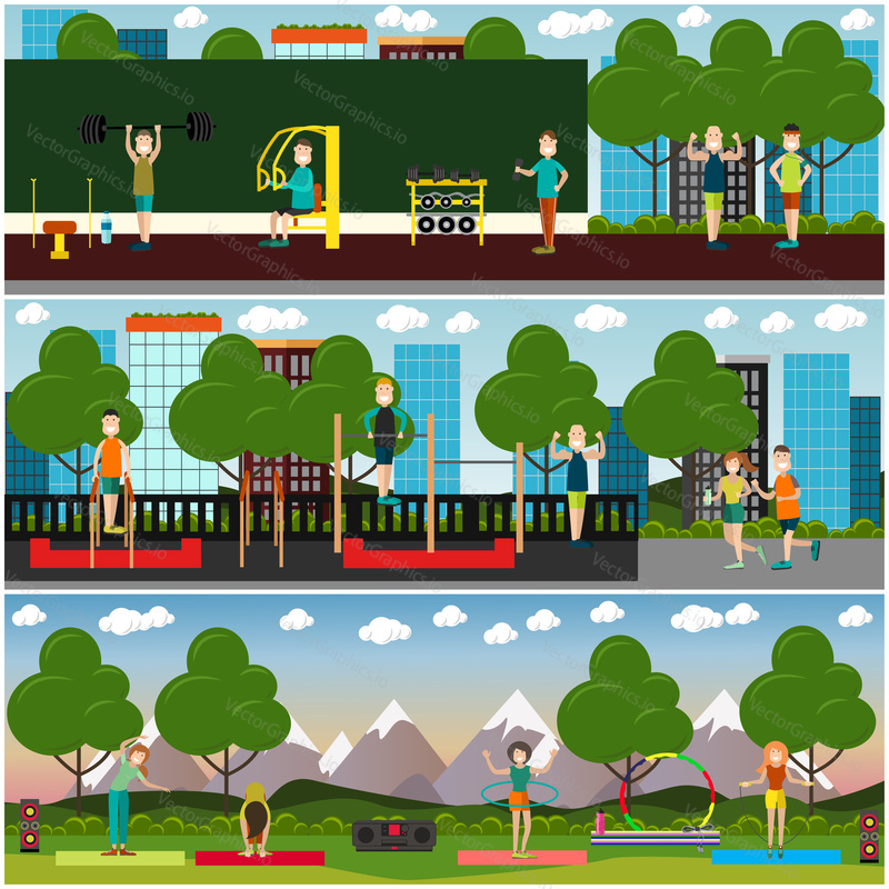 Vector set of street workout concept posters, banners. Strong athletic men exercising on street training equipment, young couple jogging, women doing hula hoop, jump rope and physical exercises.