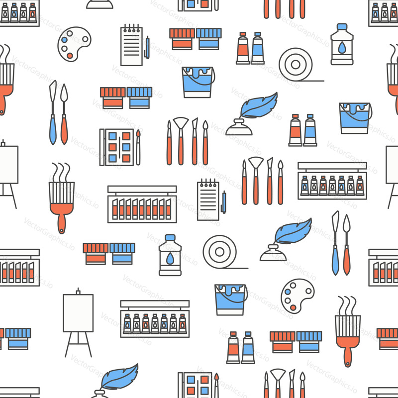 Vector seamless pattern with decorative painting symbols, icons. Art background, wrapping paper texture thin line art flat style design.