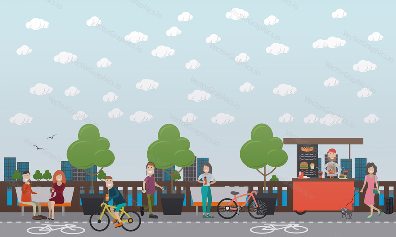 Vector illustration of young man riding bicycle along bike path. Embankment cityscape with bicycle lane and walkway. Outdoor workout concept, flat style design.