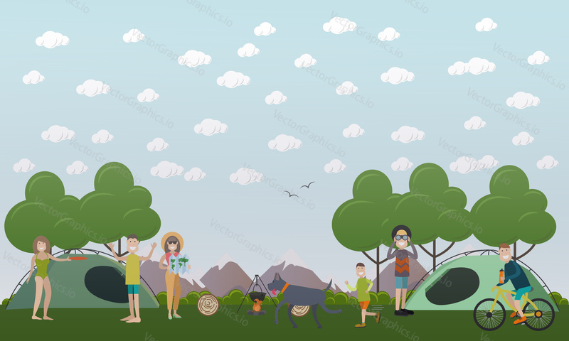 Vektorová ilustrace lidí, kteří dělají tábor. Turisté hrají venkovní hry, vaří na otevřeném ohni. Plochý design.