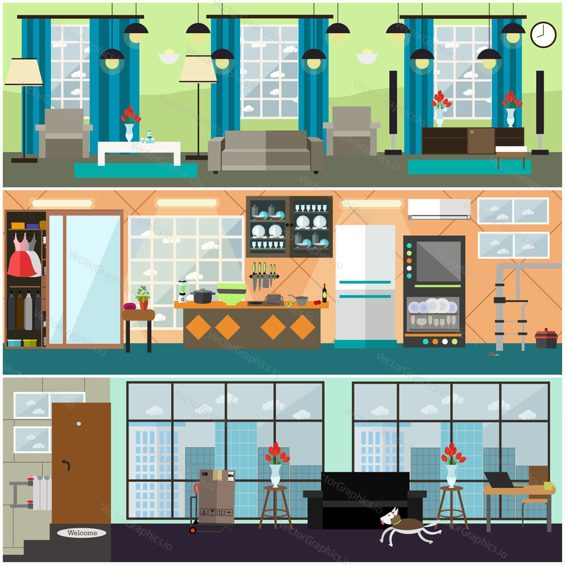 Vector set of posters, banners with living room, kitchen interior. Plumbing, moving and delivery company services flat style design elements.