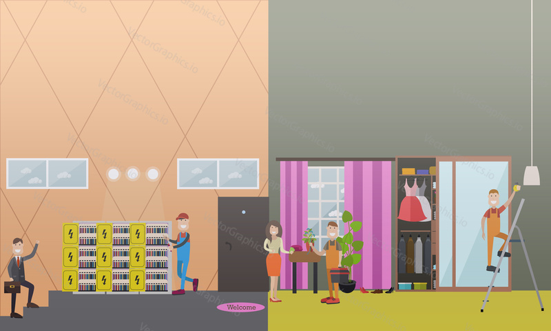 Vector illustration of professional electricians fixing home electrical problems. Residential electrical services flat style design elements.