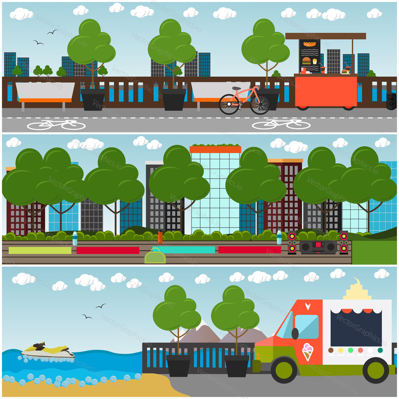 Vector set of outdoor workout interior posters, banners. Embankment cityscape with walkway, bicycle path, street food cart, icecream truck, benches and sports ground in the park. Flat style design.