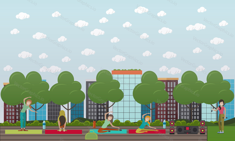Vector illustration of young women exercising in park. Yoga class. Outdoor workout concept, flat style design.