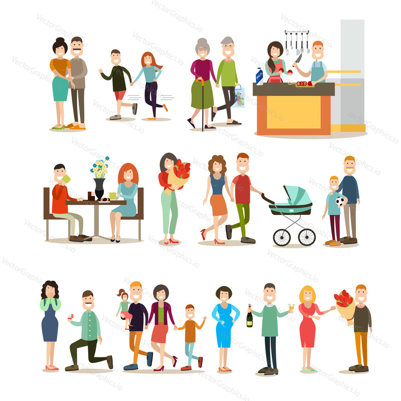Relationship concept vector icon set. Group of family couples, lovers, parents with their kids isolated on white background. Flat style design.