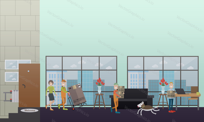 Vektorová ilustrace nakladačů nesoucích kartonové krabice, tlačící vozík s lednicí v kartonovém balení. Stěhování a dodávka společnost služby plochý styl designové prvky.