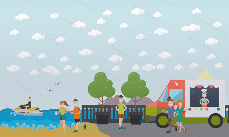 Vector illustration of young couple jogging along the promenade. City embankment with walkway, ice cream truck and people eating icecream. Outdoor workout concept, flat style design.