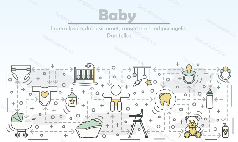 Dítě koncept vektorové ilustrace. Moderní tenká čára umění plochý styl designový prvek s novorozence symboly péče o dítě, ikony pro webové stránky bannery a tištěných materiálů.