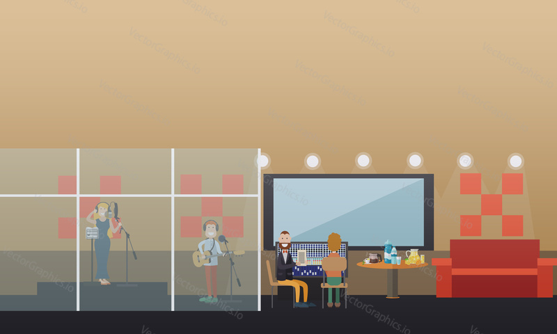 Vector illustration of guitarist in headphones playing guitar singer female in headphones singing in the microphone. Radio studio workers, musicians and singers creating content for radio broadcast.