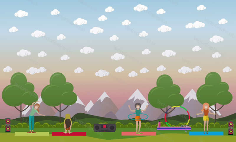 Vector illustration of women training while doing hula hoop, jump rope and physical exercises. Outdoor workout concept, flat style design.