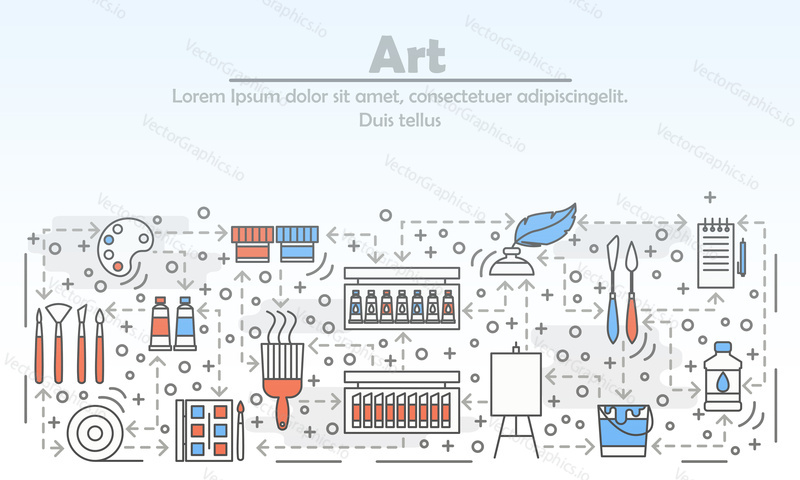 Art advertising vector illustration. Modern thin line art flat style design element with painting tools symbols, icons for website banners and printed materials.
