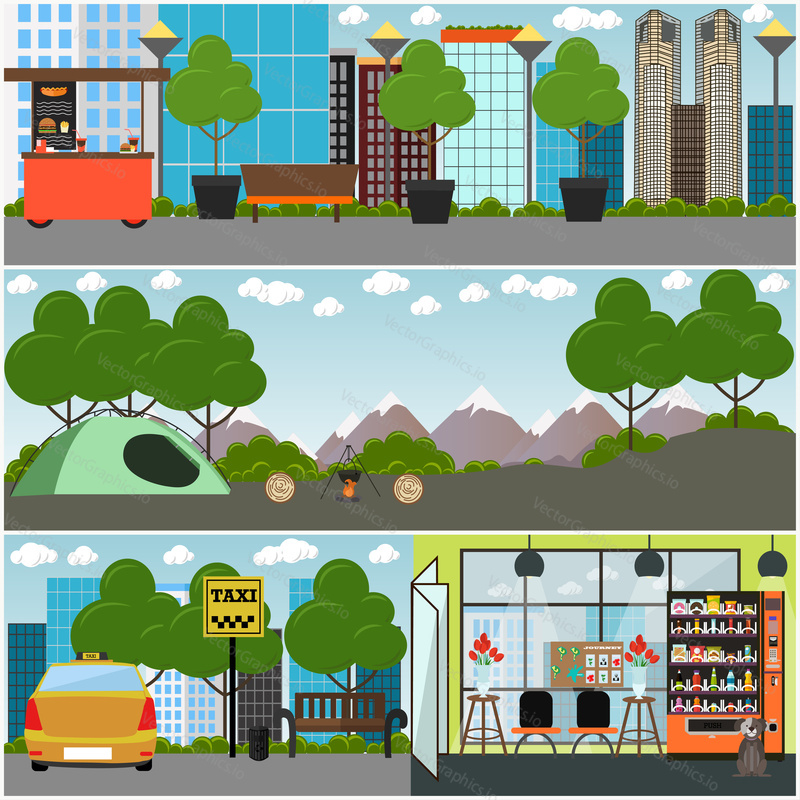 Vector tourist interior poster, banner set with city street, taxi stand, street food kiosk, camping site, gift shop. Flat style design.