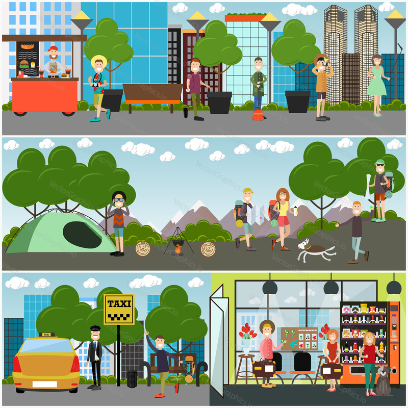 Vector tourist poster, banner set with travelers going hiking, camping, sightseeing, buying souvenirs, waving to taxi driver. Flat style design.