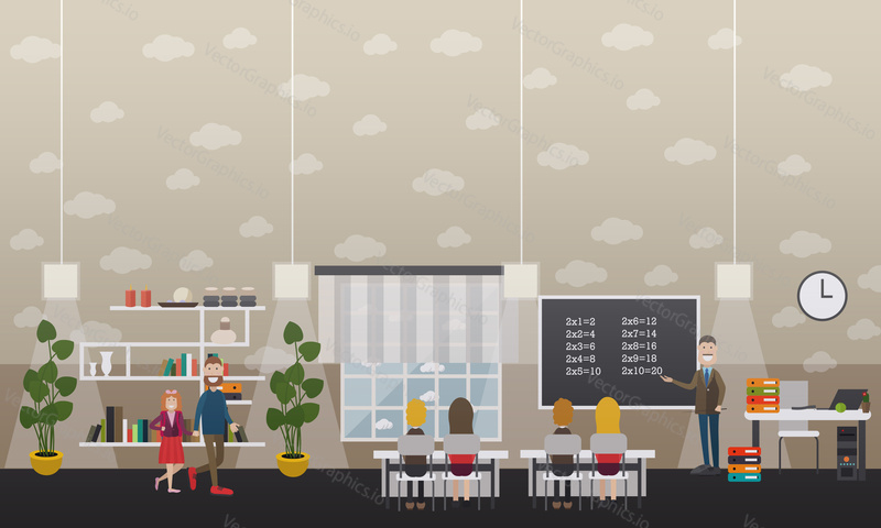 Vector illustration of maths teacher pointing at chalkboard, school children sitting at desks, father taking his daughter to school, classroom interior with furniture and supplies. Flat style design.