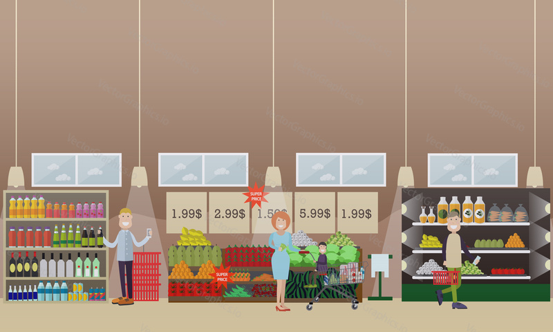 Векторная иллюстрация людей, совершающих покупки в продуктовом магазине или супермаркете. Концепция людей, совершающих покупки, дизайн в плоском стиле.