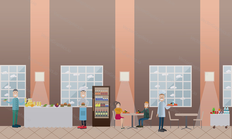 Vektorová ilustrace studentů s polední přestávkou, školní kuchaři s rychlým občerstvením. Interiér školní jídelny nebo jídelny s nábytkem. Školní koncept plochý styl designové prvky.