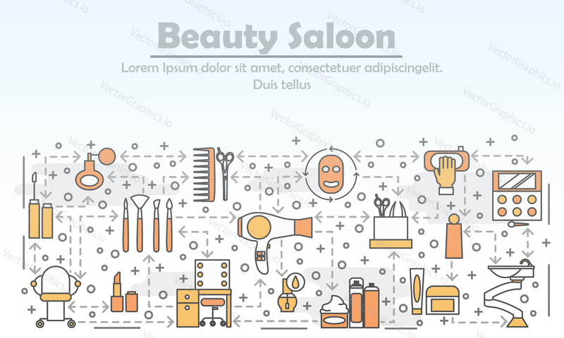 Beauty saloon reklamní vektorové ilustrace. Moderní thin line art flat style design s profesionálními kosmetickými a kadeřnickými potřebami, doplňky pro webové bannery a tištěné materiály.