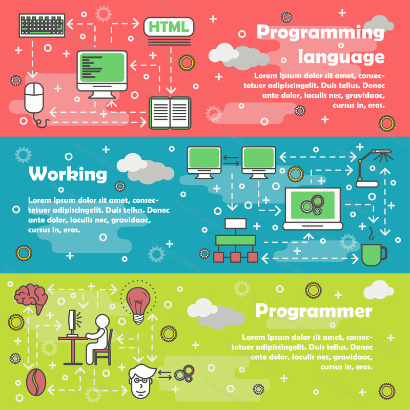 Vector set of horizontal banners with Programming language, Working and Programmer line art flat style design elements, web templates.