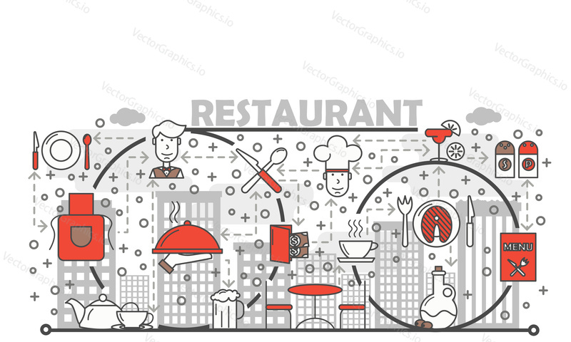 Restaurant concept vector illustration. Modern thin line art flat style design element with chef, meal, kitchenware, tableware symbols, icons for website banners and printed materials.