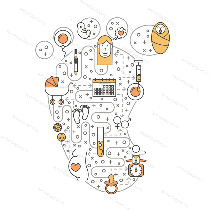 Pregnancy vector illustration. Modern thin line art flat style design element in the shape of baby footprint with maternity and childbirth symbols, icons for website banners and printed materials.