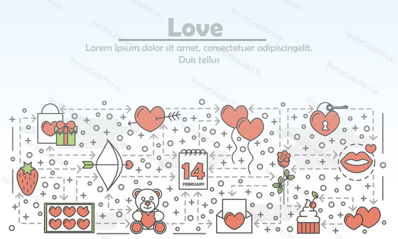Láska reklamní vektorové ilustrace. Moderní tenká linie umění plochý styl designový prvek S Saint Valentines day Láska romantické symboly, ikony pro webové stránky bannery a tištěných materiálů.