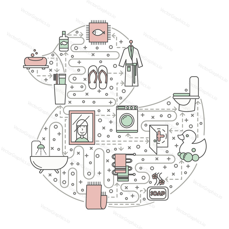 Koupelna koncept vektorové ilustrace. Moderní tenká linie umění plochý styl designový prvek ve tvaru kachní hračky se symboly koupelny, ikony pro webové stránky bannery a tištěných materiálů.