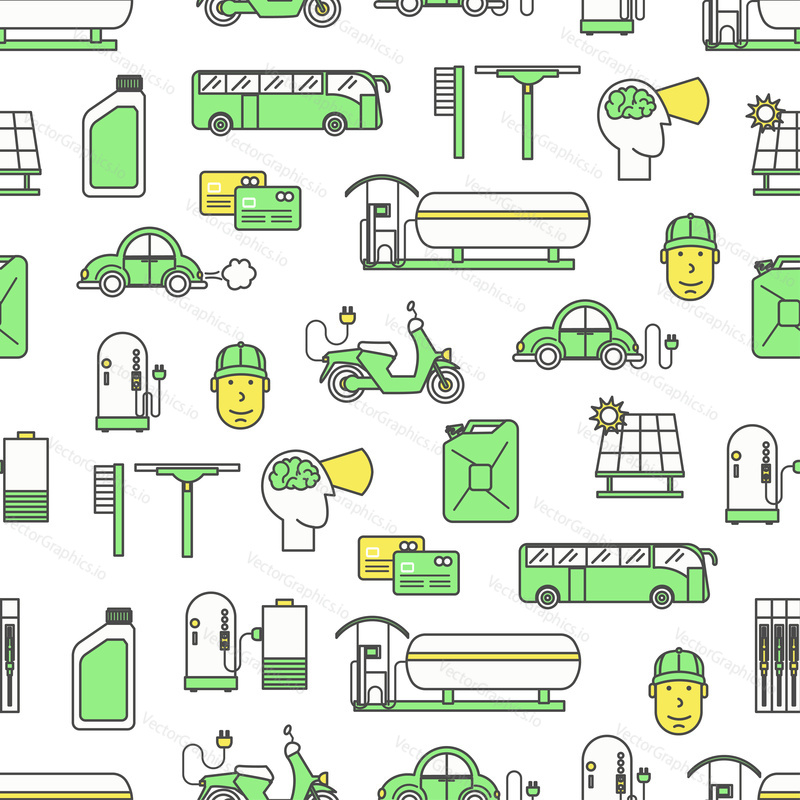 Vektorový Bezešvý vzor s dekorativním solárním nabíjením automobilů a symboly benzínu, ikony. Tankování pozadí, balicí papír textura tenká linie umění plochý styl designu.