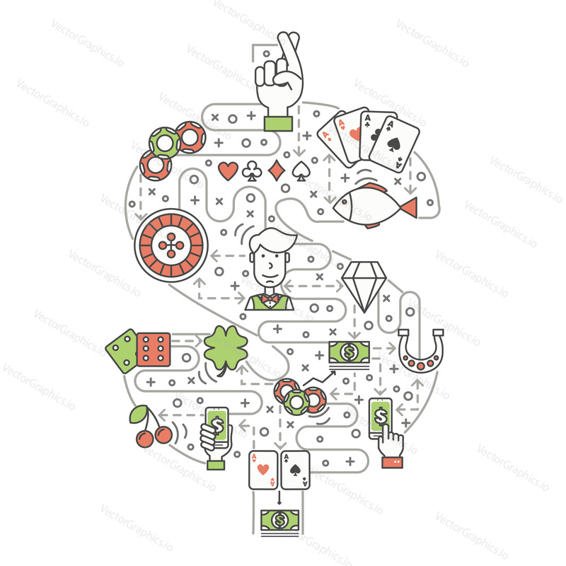 Poker concept vector illustration. Modern thin line art flat style design element in the shape of dollar sign with gambling symbols, icons for website banners and printed materials.