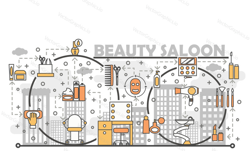 Kosmetický salon koncept vektorové ilustrace. Moderní designový prvek thin line art flat style s profesionálními kosmetickými a kadeřnickými potřebami, doplňky pro webové bannery a tištěné materiály.