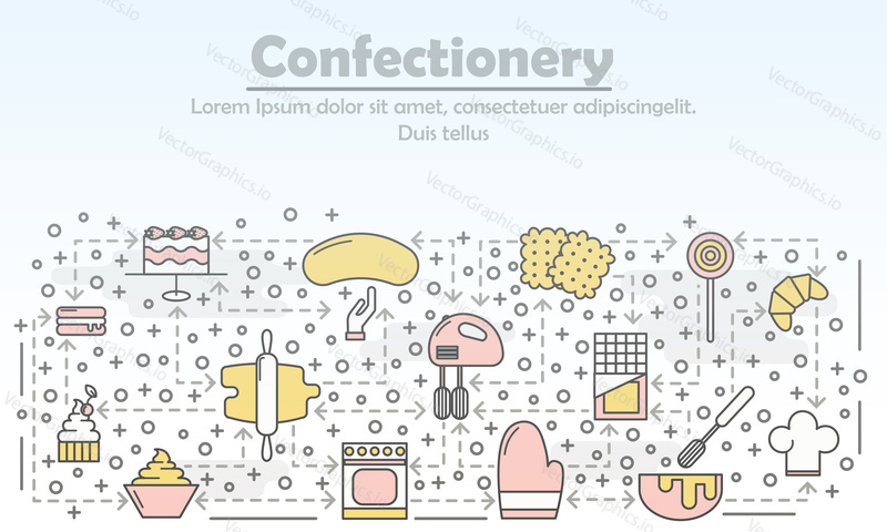 Confectionery advertising vector illustration. Modern thin line art flat style design element with bakery pastry sweet food symbols, icons for website banners and printed materials.