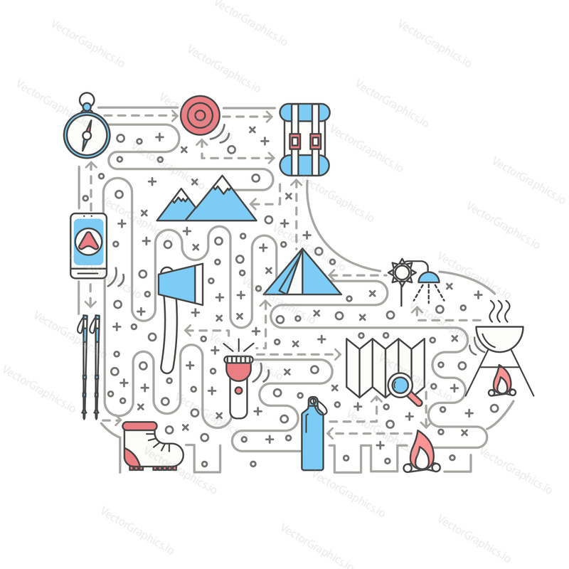 Hike concept vector illustration. Modern thin line art flat style design element in the shape of trekking boot with hiking symbols, icons for website banners and printed materials.
