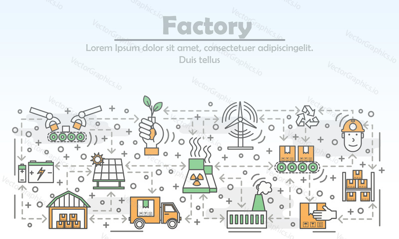 Ecological factory advertising vector illustration. Modern thin line art flat style design element for website banners and printed materials.